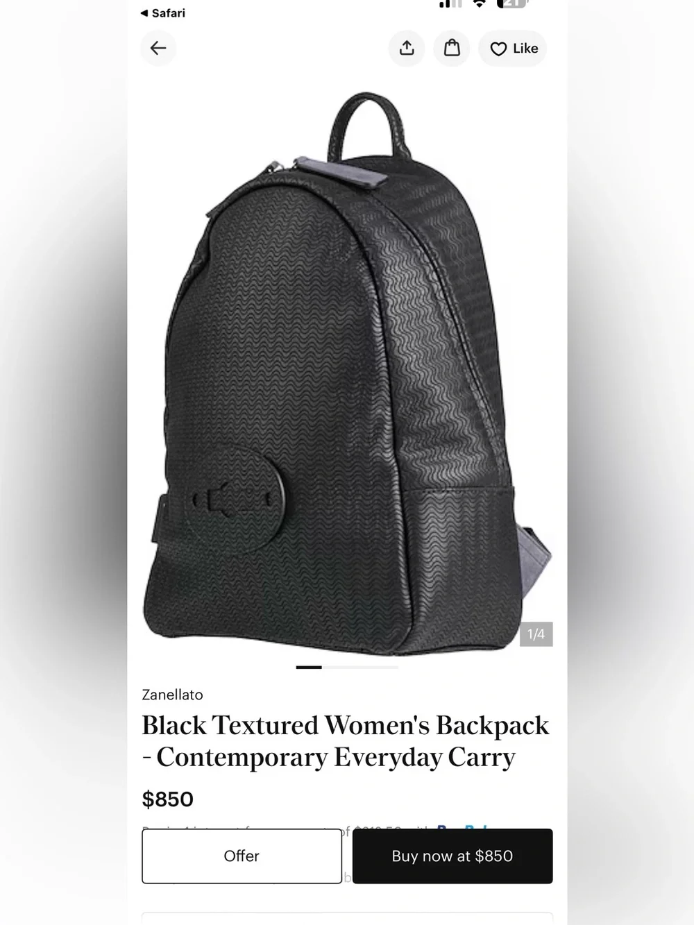 Zanella Black Textured Wave-Pattern Leather Backpack